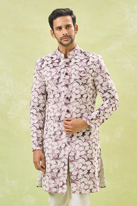 Arihant Rai Sinha White Silk, Velvet Embroidery Wine Sherwani And Pant Set at Aza Fashions Arihant Rai Sinha_White Silk, Velvet Embroidery Wine Sherwani And Pant Set _at_Aza_Fashions