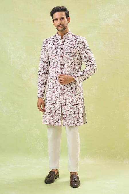 Aryavir Malhotra Embroidered Wine Sherwani & Pant Set 