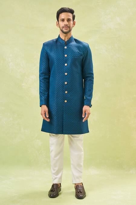 Buy_Arihant Rai Sinha_Off White Silk, Jacquard Blue Woven Sherwani And Pant Set _Online_at_Aza_Fashions