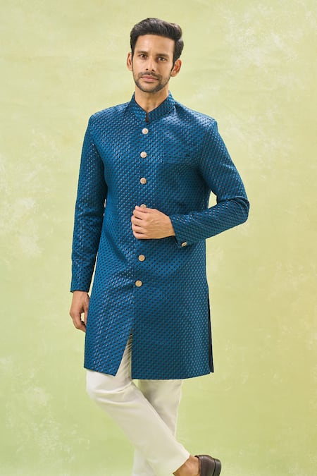 Shop_Arihant Rai Sinha_Off White Silk, Jacquard Blue Woven Sherwani And Pant Set _Online_at_Aza_Fashions