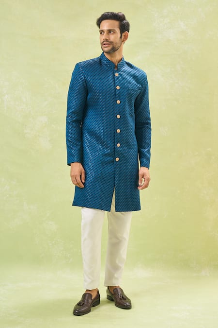 Arihant Rai Sinha_Off White Silk, Jacquard Blue Woven Sherwani And Pant Set _at_Aza_Fashions
