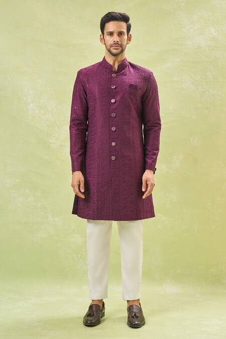 Buy_Arihant Rai Sinha_White , Satin Sequins, Embroidery Wine Sherwani And Pant Set _Online_at_Aza_Fashions