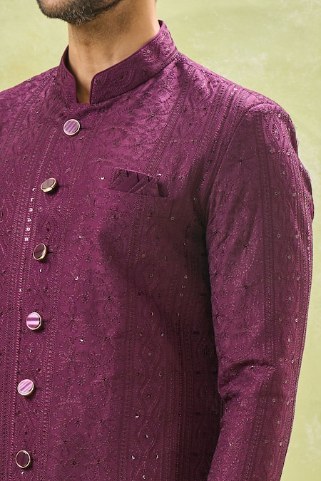 Shop_Arihant Rai Sinha_White , Satin Sequins, Embroidery Wine Sherwani And Pant Set _Online_at_Aza_Fashions