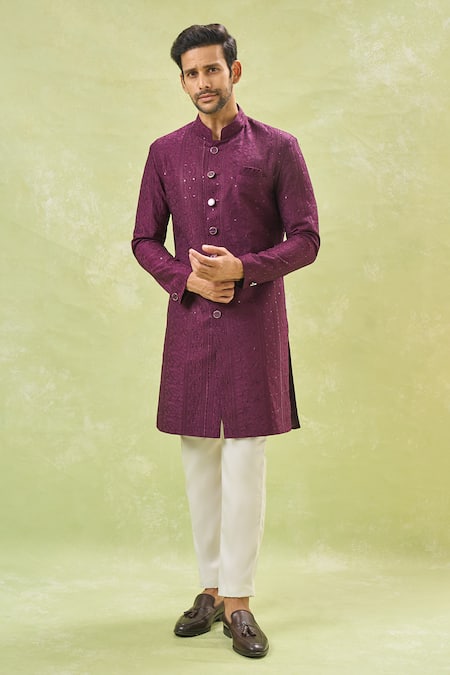 Arihant Rai Sinha_White , Satin Sequins, Embroidery Wine Sherwani And Pant Set _at_Aza_Fashions