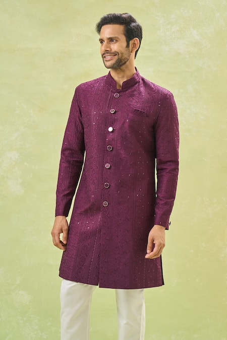 Buy_Arihant Rai Sinha_White , Satin Sequins, Embroidery Wine Sherwani And Pant Set 