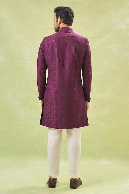 Shop_Arihant Rai Sinha_White , Satin Sequins, Embroidery Wine Sherwani And Pant Set _at_Aza_Fashions