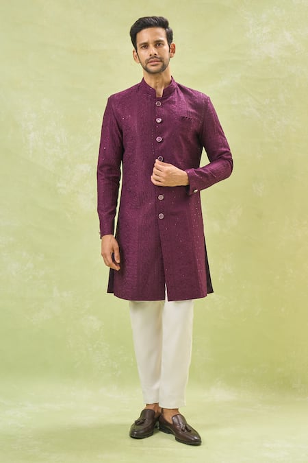 Aryavir Malhotra Embroidered Wine Sherwani & Pant Set 