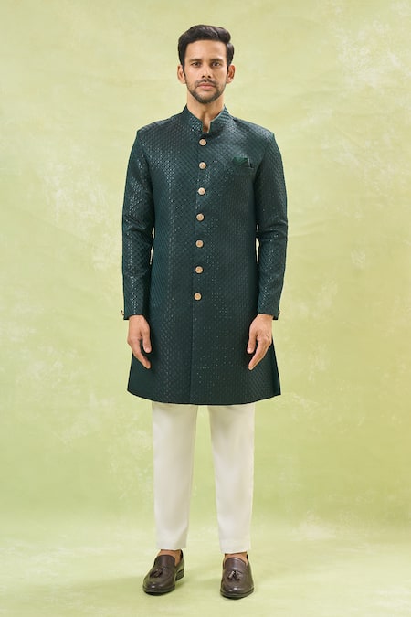 Shop_Arihant Rai Sinha_Off White Silk, Jacquard Sequins Woven Sherwani Set _Online_at_Aza_Fashions