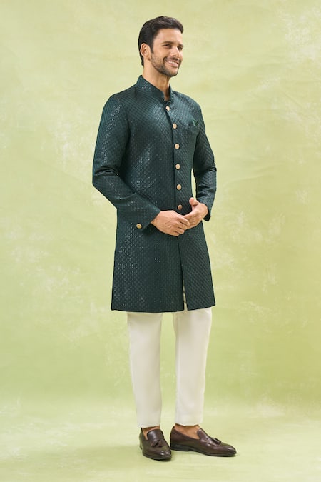 Arihant Rai Sinha_Off White Silk, Jacquard Sequins Woven Sherwani Set _at_Aza_Fashions