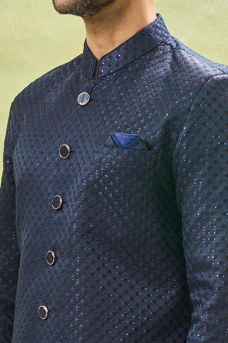 Arihant Rai Sinha Off White Silk, Wool Sequins Blue Woven Jacquard Sherwani Set Online at Aza Fashions Arihant Rai Sinha_Off White Silk, Wool Sequins Blue Woven Jacquard Sherwani Set _Online_at_Aza_Fashions