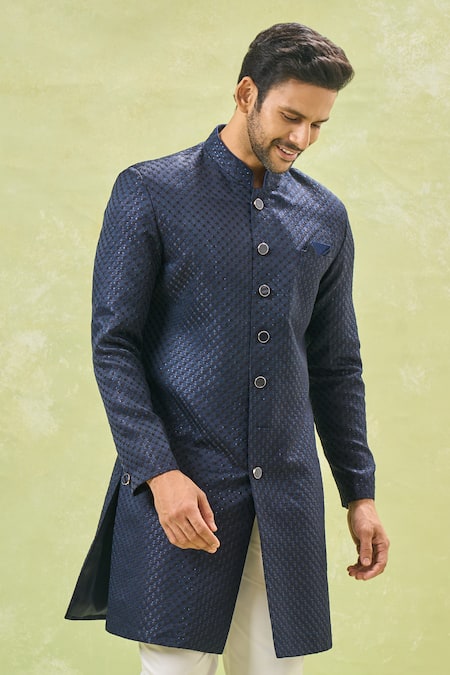 Shop Arihant Rai Sinha Off White Silk, Wool Sequins Blue Woven Jacquard Sherwani Set Online at Aza Fashions Shop_Arihant Rai Sinha_Off White Silk, Wool Sequins Blue Woven Jacquard Sherwani Set _Online_at_Aza_Fashions