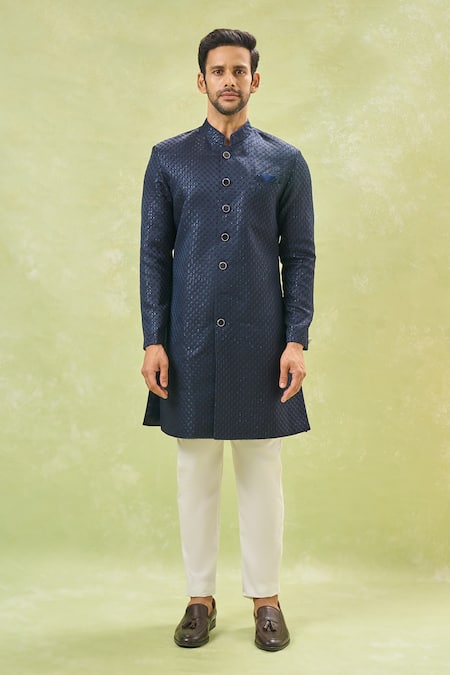 Arihant Rai Sinha Off White Silk, Wool Sequins Blue Woven Jacquard Sherwani Set at Aza Fashions Arihant Rai Sinha_Off White Silk, Wool Sequins Blue Woven Jacquard Sherwani Set _at_Aza_Fashions