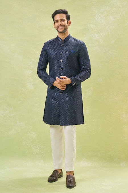 Buy Arihant Rai Sinha Off White Silk, Wool Sequins Blue Woven Jacquard Sherwani Set Buy_Arihant Rai Sinha_Off White Silk, Wool Sequins Blue Woven Jacquard Sherwani Set