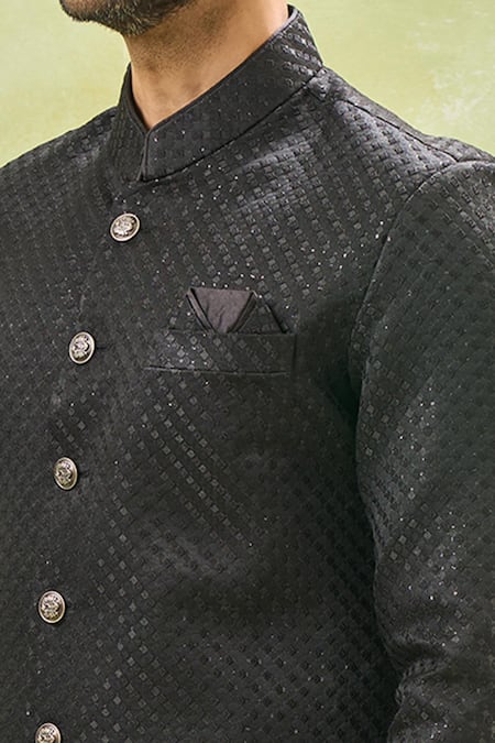 Arihant Rai Sinha Off White Silk, Wool Sequins Black Woven Jacquard Sherwani And Pant Set Online at Aza Fashions Arihant Rai Sinha_Off White Silk, Wool Sequins Black Woven Jacquard Sherwani And Pant Set _Online_at_Aza_Fashions