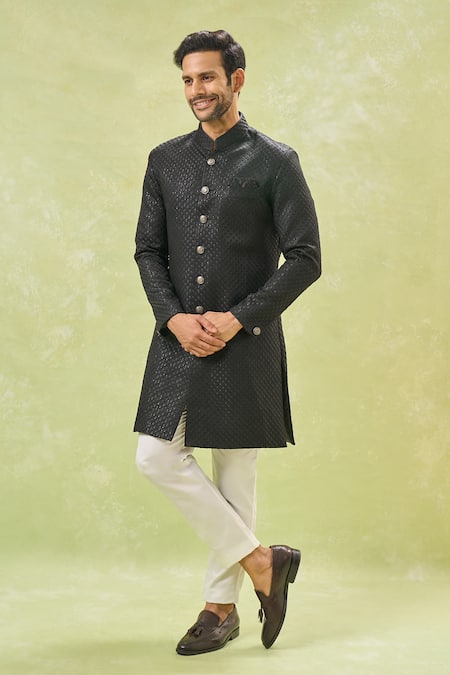 Buy Arihant Rai Sinha Off White Silk, Wool Sequins Black Woven Jacquard Sherwani And Pant Set Online at Aza Fashions Buy_Arihant Rai Sinha_Off White Silk, Wool Sequins Black Woven Jacquard Sherwani And Pant Set _Online_at_Aza_Fashions