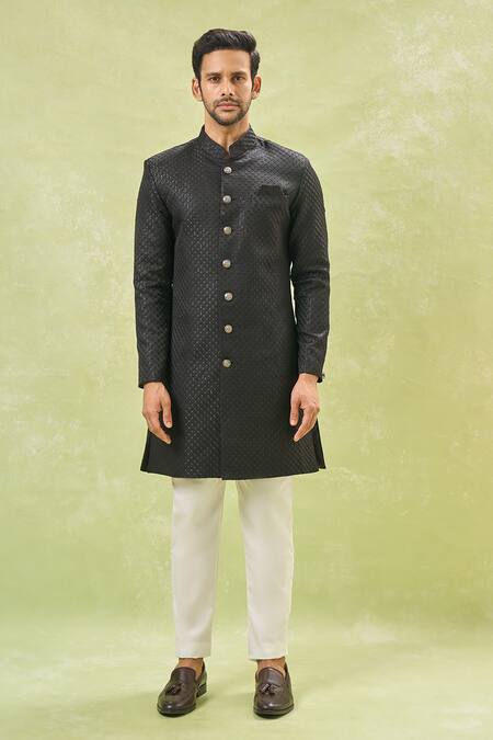 Shop Arihant Rai Sinha Off White Silk, Wool Sequins Black Woven Jacquard Sherwani And Pant Set Online at Aza Fashions Shop_Arihant Rai Sinha_Off White Silk, Wool Sequins Black Woven Jacquard Sherwani And Pant Set _Online_at_Aza_Fashions