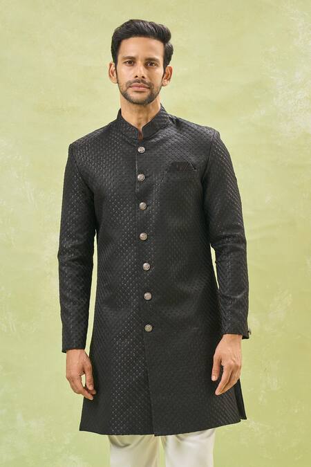Buy Arihant Rai Sinha Off White Silk, Wool Sequins Black Woven Jacquard Sherwani And Pant Set Buy_Arihant Rai Sinha_Off White Silk, Wool Sequins Black Woven Jacquard Sherwani And Pant Set