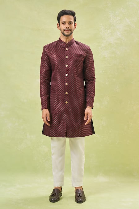 Arihant Rai Sinha Off White Silk Embroidery, Sequins Maroon Woven Jacquard Sherwani And Pant Set Online at Aza Fashions Arihant Rai Sinha_Off White Silk Embroidery, Sequins Maroon Woven Jacquard Sherwani And Pant Set _Online_at_Aza_Fashions