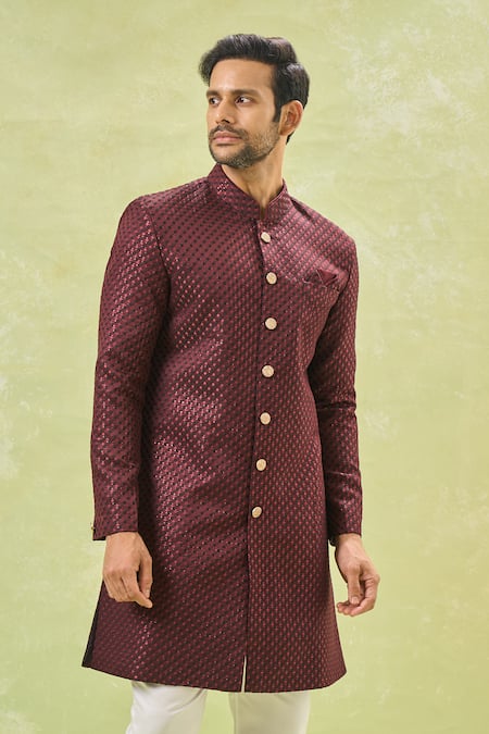 Buy Arihant Rai Sinha Off White Silk Embroidery, Sequins Maroon Woven Jacquard Sherwani And Pant Set Buy_Arihant Rai Sinha_Off White Silk Embroidery, Sequins Maroon Woven Jacquard Sherwani And Pant Set