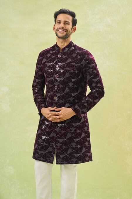 Buy Arihant Rai Sinha White Polyester, Velvet, Silk Embroidery, Thread Wine Sherwani And Pant Set Online at Aza Fashions Buy_Arihant Rai Sinha_White Polyester, Velvet, Silk Embroidery, Thread Wine Sherwani And Pant Set _Online_at_Aza_Fashions