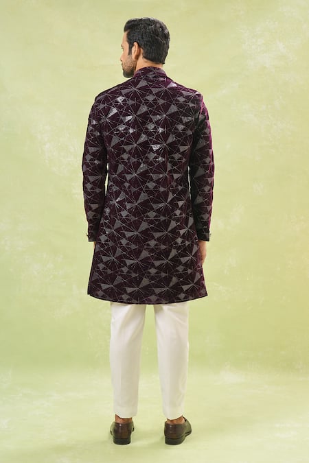 Shop Arihant Rai Sinha White Polyester, Velvet, Silk Embroidery, Thread Wine Sherwani And Pant Set at Aza Fashions Shop_Arihant Rai Sinha_White Polyester, Velvet, Silk Embroidery, Thread Wine Sherwani And Pant Set _at_Aza_Fashions