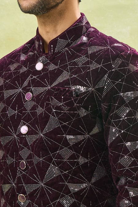 Shop Arihant Rai Sinha White Polyester, Velvet, Silk Embroidery, Thread Wine Sherwani And Pant Set Online at Aza Fashions Shop_Arihant Rai Sinha_White Polyester, Velvet, Silk Embroidery, Thread Wine Sherwani And Pant Set _Online_at_Aza_Fashions