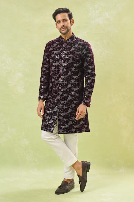 Arihant Rai Sinha White Polyester, Velvet, Silk Embroidery, Thread Wine Sherwani And Pant Set at Aza Fashions Arihant Rai Sinha_White Polyester, Velvet, Silk Embroidery, Thread Wine Sherwani And Pant Set _at_Aza_Fashions
