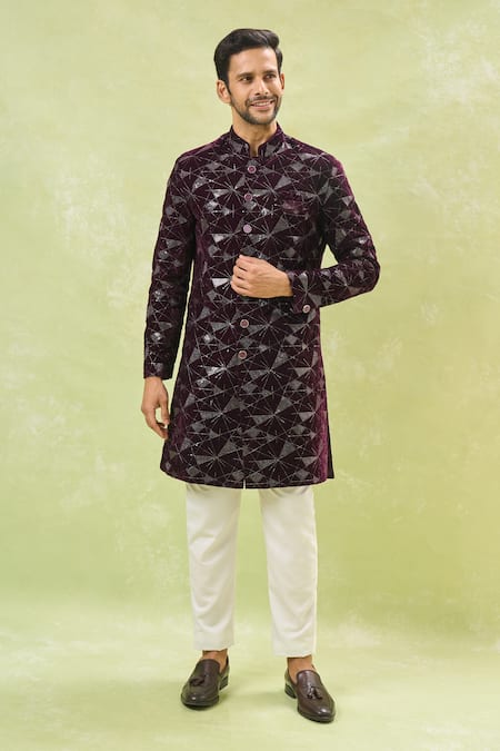Arihant Rai Sinha Thread Embroidered Wine Sherwani & Pant Set 