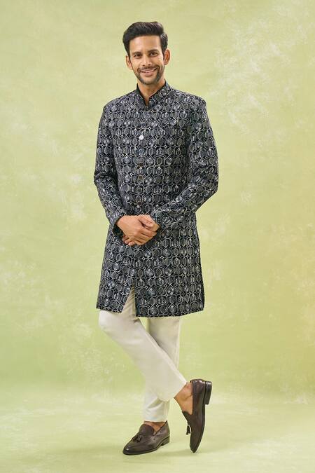 Arihant Rai Sinha_Off White Silk, Velvet Embroidery Black Thread Sherwani And Pant _Online_at_Aza_Fashions