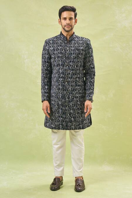 Buy_Arihant Rai Sinha_Off White Silk, Velvet Embroidery Black Thread Sherwani And Pant _Online_at_Aza_Fashions