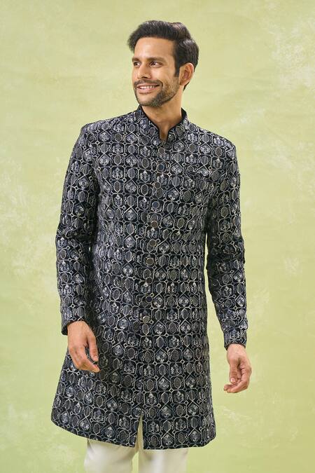 Arihant Rai Sinha_Off White Silk, Velvet Embroidery Black Thread Sherwani And Pant _at_Aza_Fashions