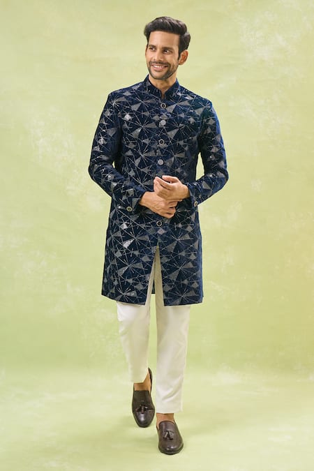 Arihant Rai Sinha Off White Cotton, Velvet Embroidery Sherwani And Pant Set at Aza Fashions Arihant Rai Sinha_Off White Cotton, Velvet Embroidery Sherwani And Pant Set _at_Aza_Fashions
