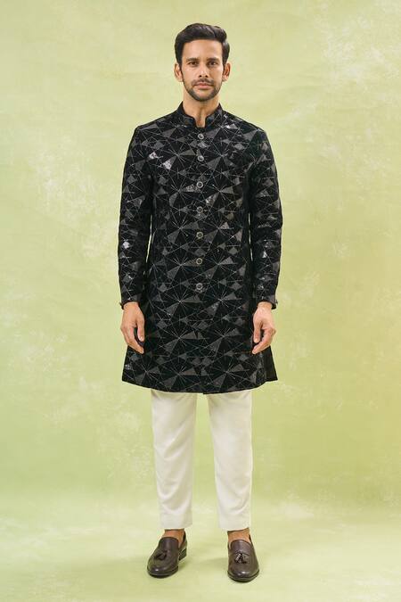 Arihant Rai Sinha White Silk, Velvet Embroidery, Sequins Thread Sherwani And Pant Set at Aza Fashions Arihant Rai Sinha_White Silk, Velvet Embroidery, Sequins Thread Sherwani And Pant Set _at_Aza_Fashions