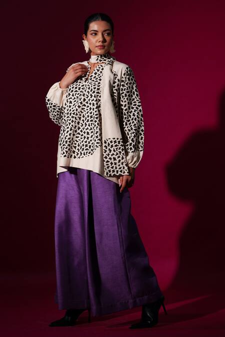 Shop_Stoique_Beige Cotton Abstract Handblock Print Tie-up Top _Online_at_Aza_Fashions