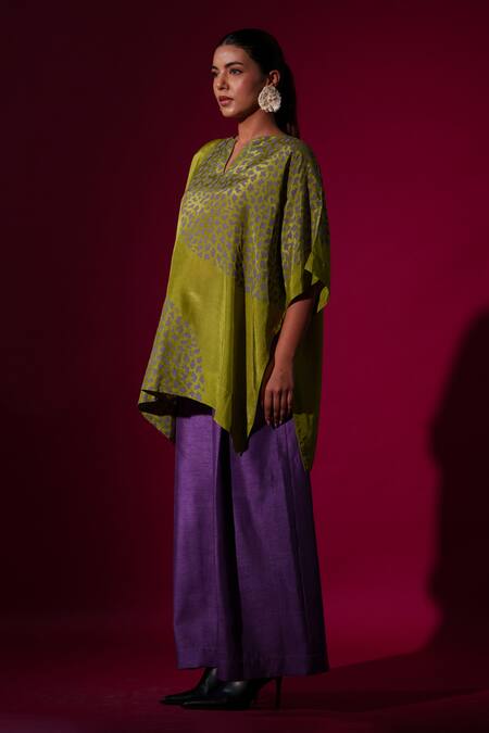 Stoique_Green Silk Embroidery Open Neck Leaf Abstract Handblock Print Top _Online_at_Aza_Fashions
