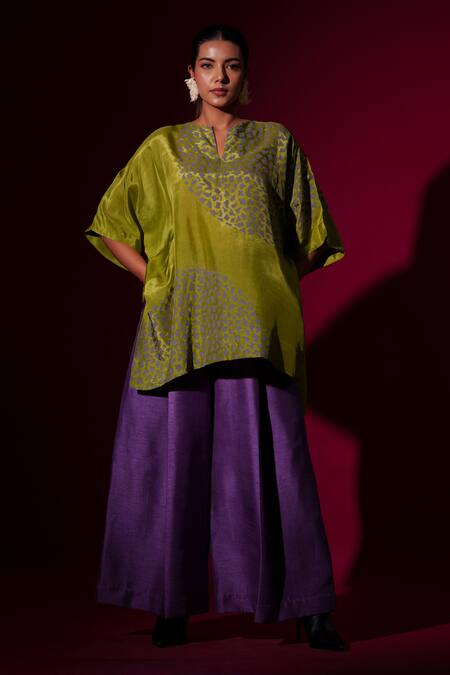 Shop_Stoique_Green Silk Embroidery Open Neck Leaf Abstract Handblock Print Top _Online_at_Aza_Fashions