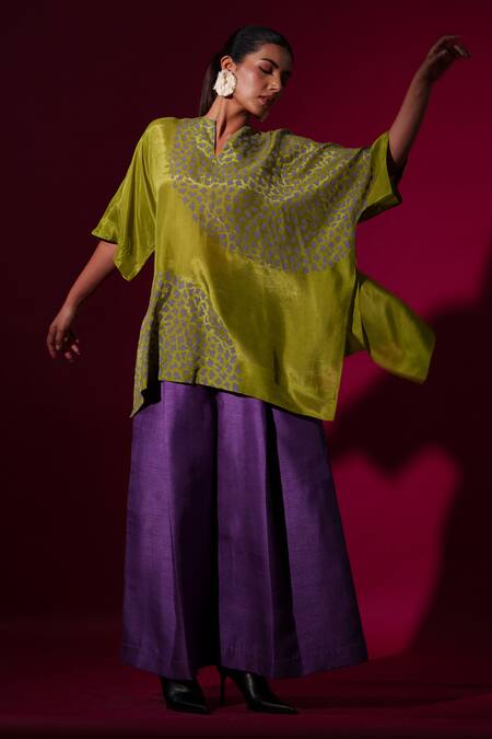 Stoique_Green Silk Embroidery Open Neck Leaf Abstract Handblock Print Top _at_Aza_Fashions