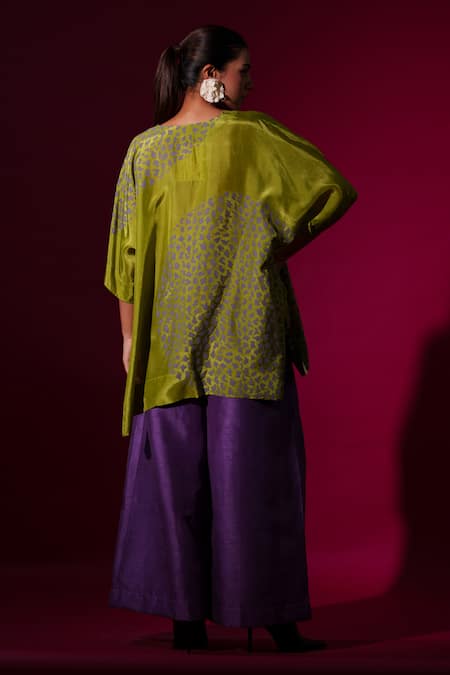 Shop_Stoique_Green Silk Embroidery Open Neck Leaf Abstract Handblock Print Top _at_Aza_Fashions