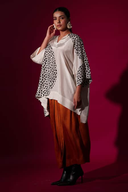 Stoique_White Silk Open Neck Abstract Handblock Print Asymmetric Top _at_Aza_Fashions
