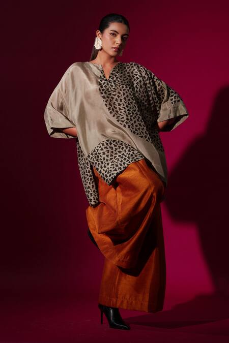 Stoique_Gray Silk Embroidery Open Neck Grey Abstract Handblock Print Top _Online_at_Aza_Fashions