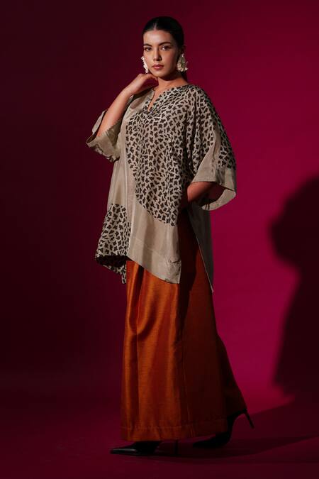 Buy_Stoique_Gray Silk Embroidery Open Neck Grey Abstract Handblock Print Top _Online_at_Aza_Fashions