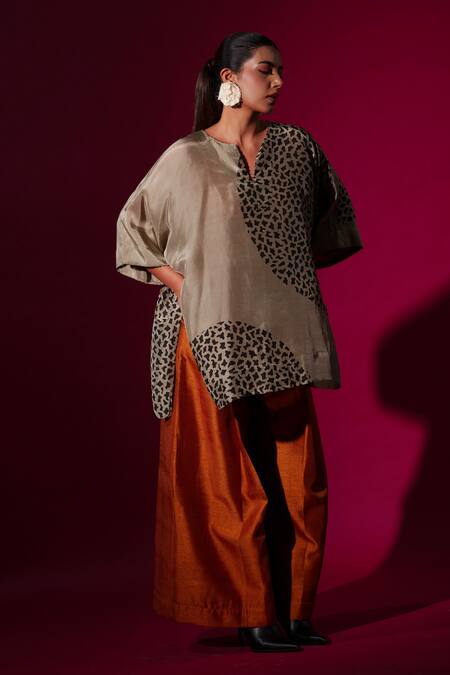 Shop_Stoique_Gray Silk Embroidery Open Neck Grey Abstract Handblock Print Top _Online_at_Aza_Fashions