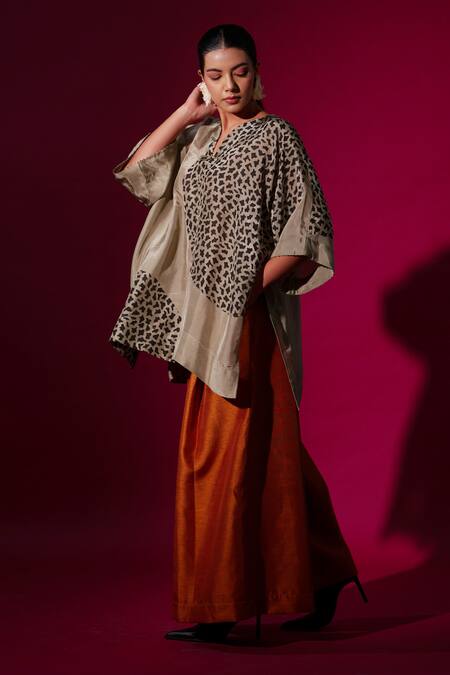 Stoique_Gray Silk Embroidery Open Neck Grey Abstract Handblock Print Top _at_Aza_Fashions