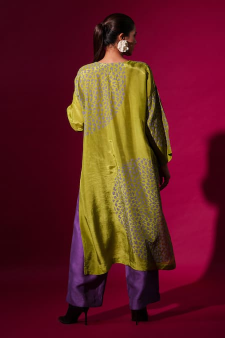 Shop_Stoique_Green Silk Open Neck Leaf Abstract Handblock Print Tunic _at_Aza_Fashions