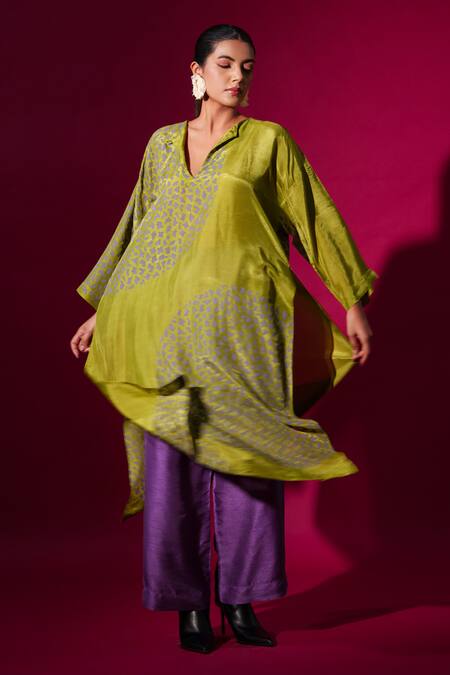 Buy_Stoique_Green Silk Open Neck Leaf Abstract Handblock Print Tunic _Online_at_Aza_Fashions