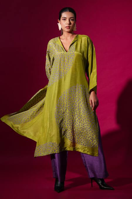 Shop_Stoique_Green Silk Open Neck Leaf Abstract Handblock Print Tunic _Online_at_Aza_Fashions