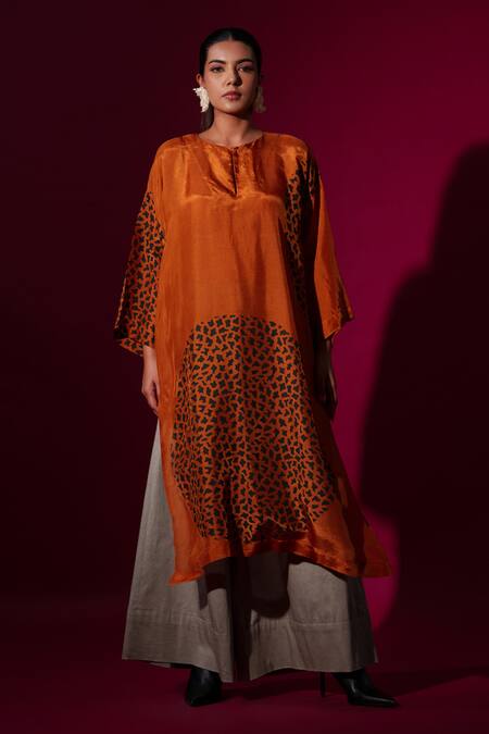 Shop_Stoique_Orange Silk Embroidery Round Neck Rust Abstract Handblock Print Tunic _Online_at_Aza_Fashions