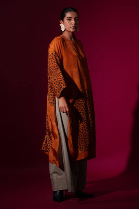 Buy_Stoique_Orange Silk Embroidery Round Neck Rust Abstract Handblock Print Tunic 