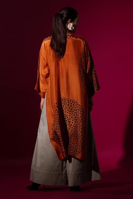 Shop_Stoique_Orange Silk Embroidery Round Neck Rust Abstract Handblock Print Tunic _at_Aza_Fashions