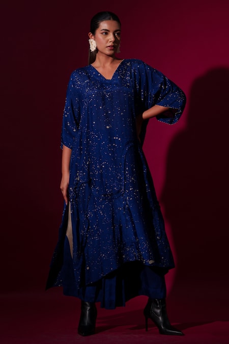 Shop_Stoique_Blue Mohair Fringe V-neck Celestial Hand Painted Tunic _at_Aza_Fashions